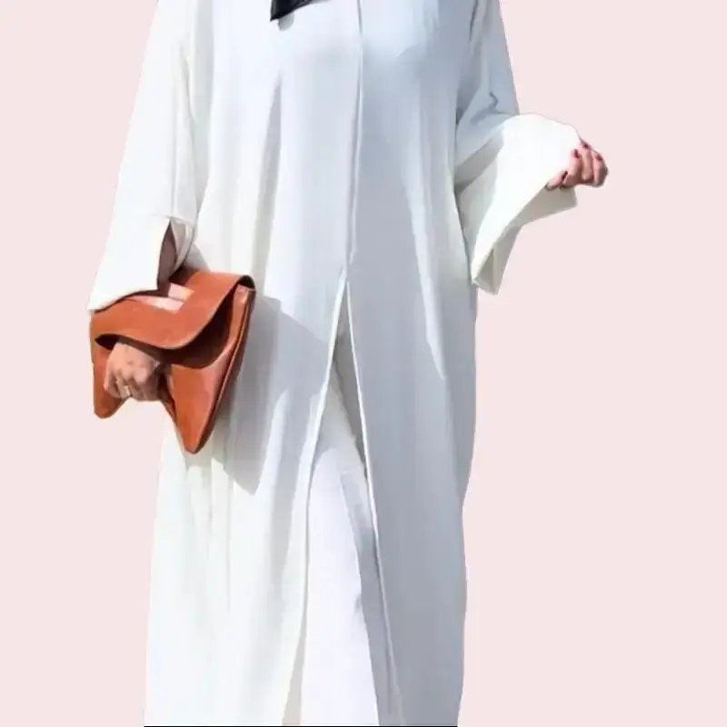Creamy White Front Slit Abaya - Plain Crew Neck with Open Slits on Wrists & Two Inside Ties for Custom Fit
