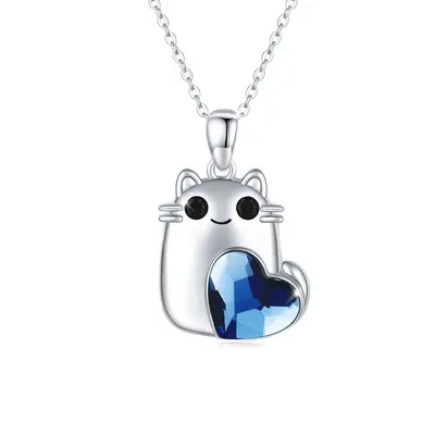 Sterling Silver Heart Crystal Cat Pendant Necklace For Women Best Friends