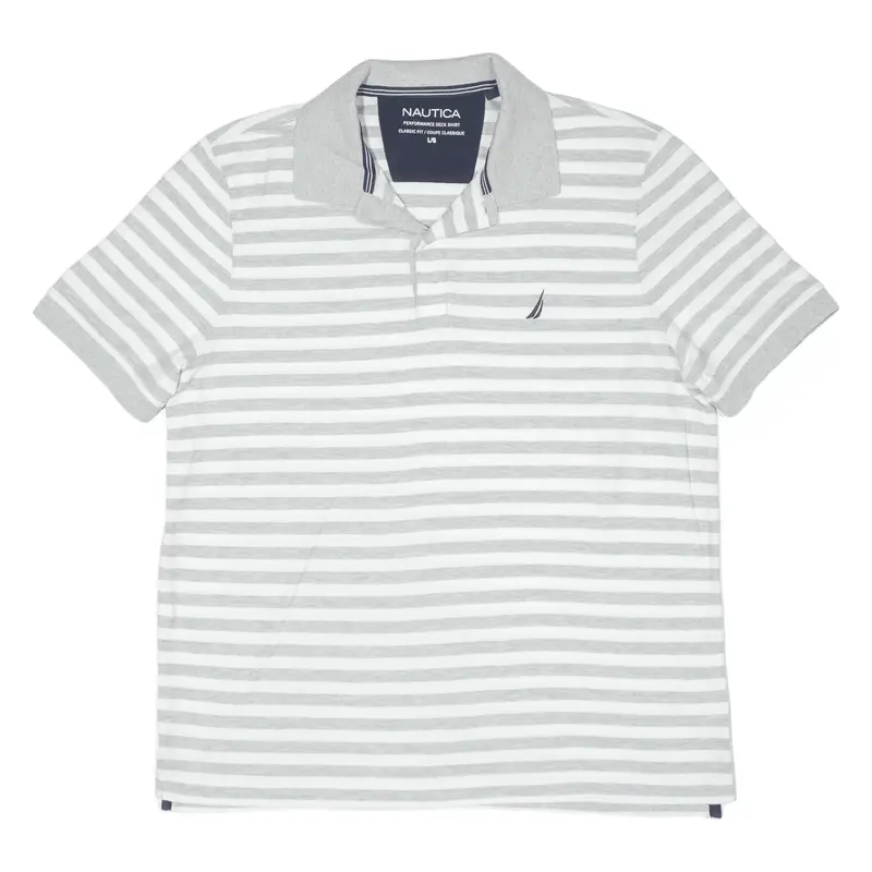 NAUTICA Performance Deck Shirt Polo Shirt Grey Striped Short Sleeve Mens L