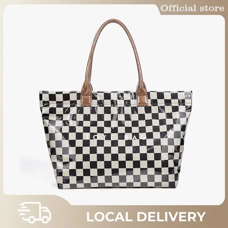 PVC Tote Bag for Women Trendy Plastic Tote Bag checkered Bags  Letters Print Bags Large Canvas Hobo Handbag