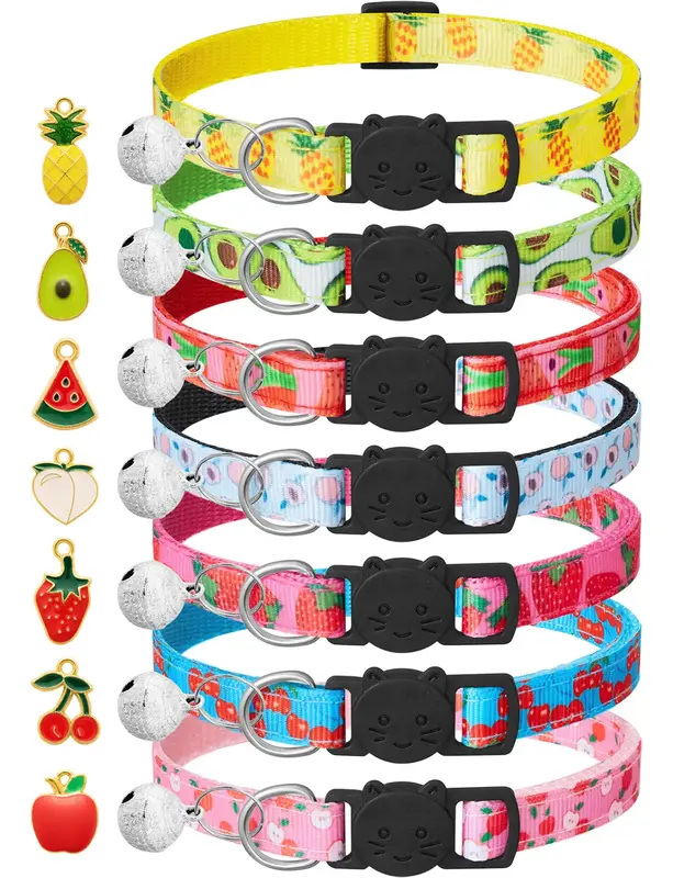 7 Pack Breakaway Cat Collars with Bells & Fruit Pendants,Safety Kitten Collar,Adjustable,Ideal for Girl Cats Boy Male Cats Pe...