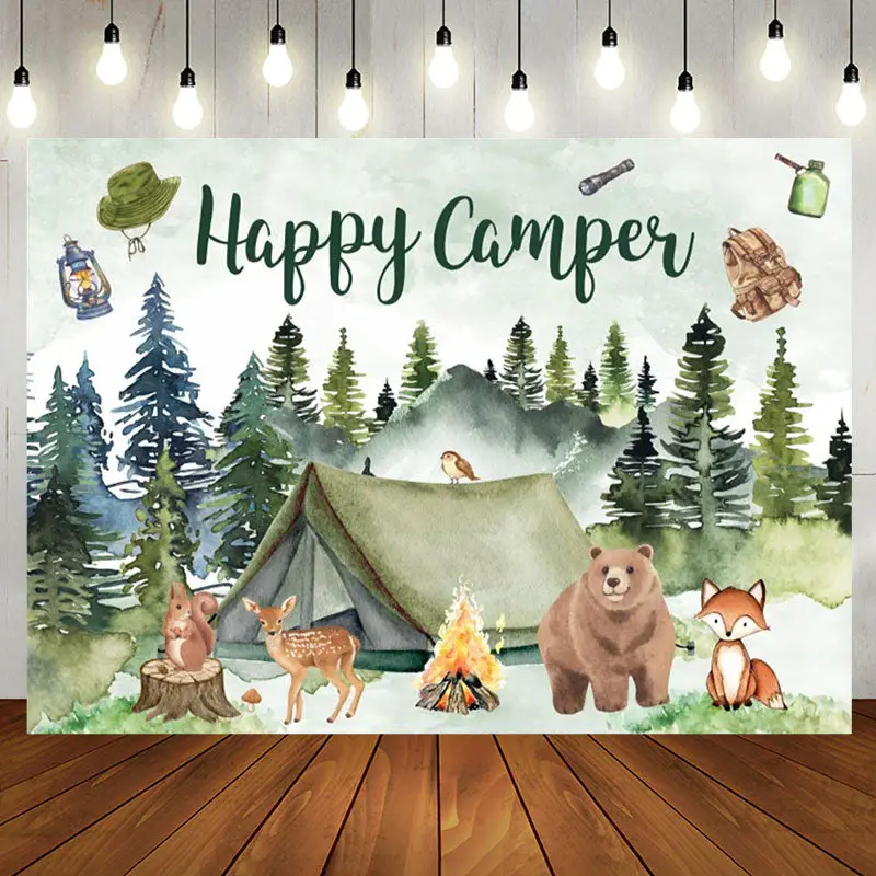 Aperturee Happy Camper Green Watercolor Bear Birthday Backdrop
