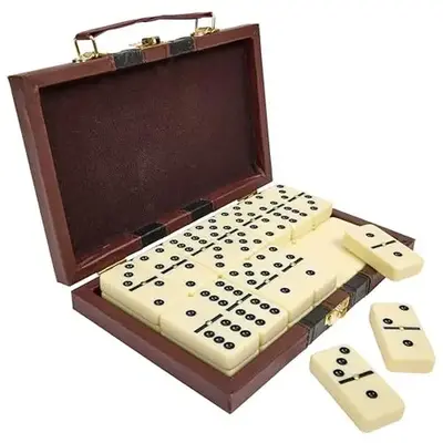 Jumbo Double Six Domino Set - 28 Thick White Tiles - with Wooden Vegan Leather Box