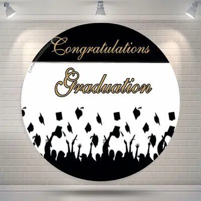 Aperturee Black White Congrats Grad Party Circle Backdrop | Personalized Graduation Banner | Grad Party Picture Backdrop | Cu...