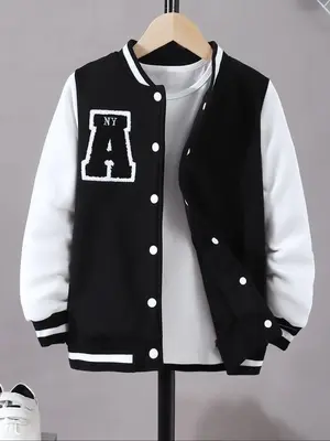 Girl's Letter Embroidery Colorblock Varsity Jacket, Casual Long Sleeve Button Front Outerwear for Fall & Winter, Kids Clothes...
