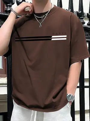 Men's Regular Fit Striped & Letter Print Round Neck Tee, Casual Short Sleeve Crew Neck T-Shirt for Summer, Fashion Men's Top ...