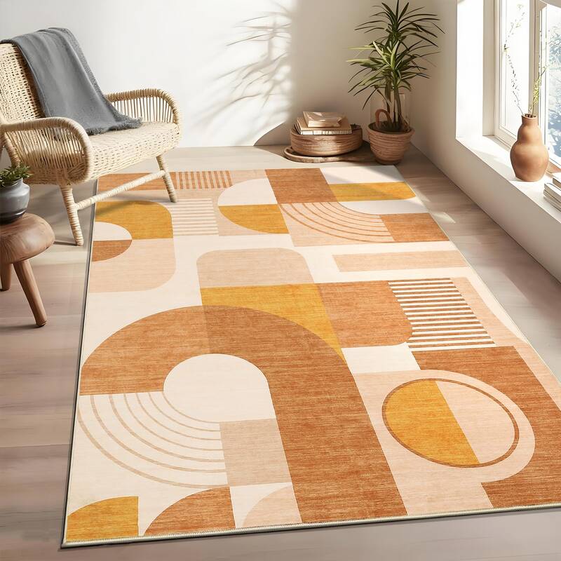 Garvee 4x6 Washable Boho Geometric Rug for Bedroom & Living Room, Soft Low Pile, Non-Slip TPR Backing, Polyester, Kid & Pet F...