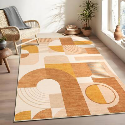 Garvee 4x6 Washable Boho Geometric Rug for Bedroom & Living Room, Soft Low Pile, Non-Slip TPR Backing, Polyester, Kid & Pet F...