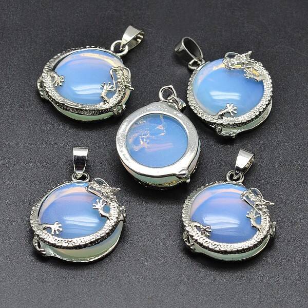 Flat Round with Dragon Platinum Plated Brass Opalite Pendants