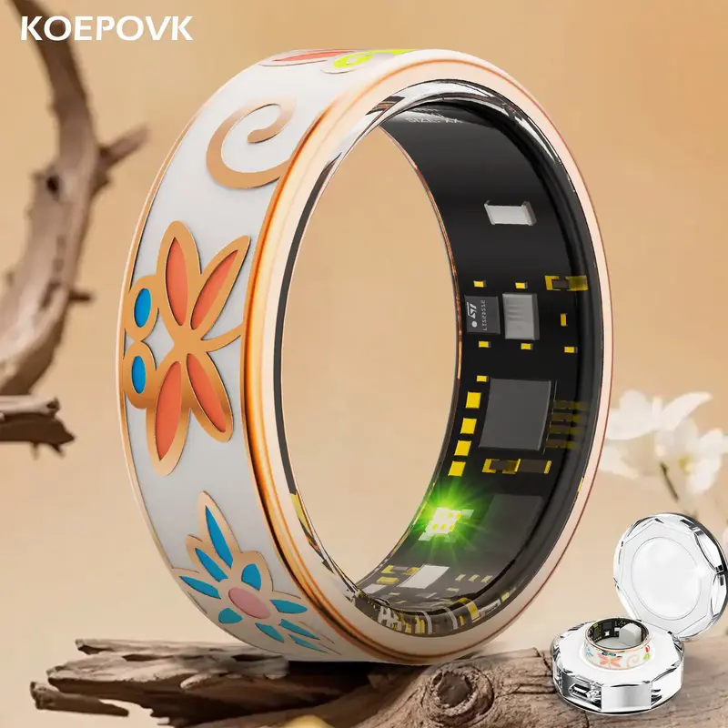 KOEPOVK Flora Enamel Smart Ring - Elegant Floral Design Sleep & Fitness Tracker with Heart Rate SpO₂ Blood Pressure Waterpr...