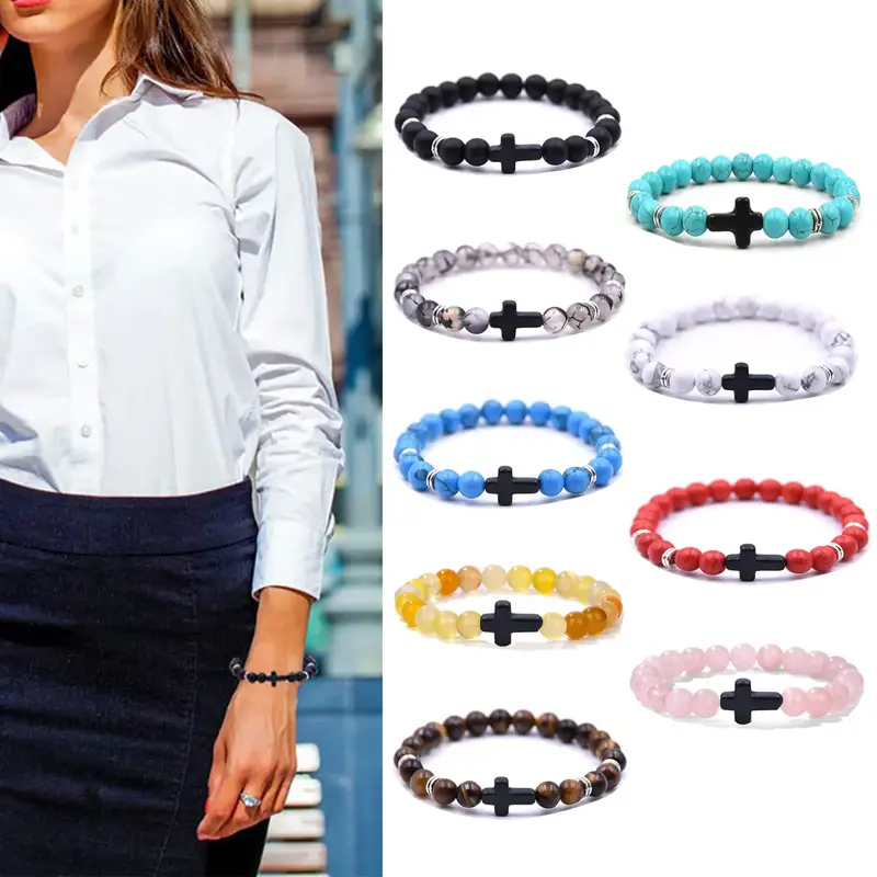 Lava Rock Turquoise Tiger Eye Natural Bracelet Anxiety Stretch Elastic Healing Bracelet,Cross Beads Bracelet for Men Women, 8...