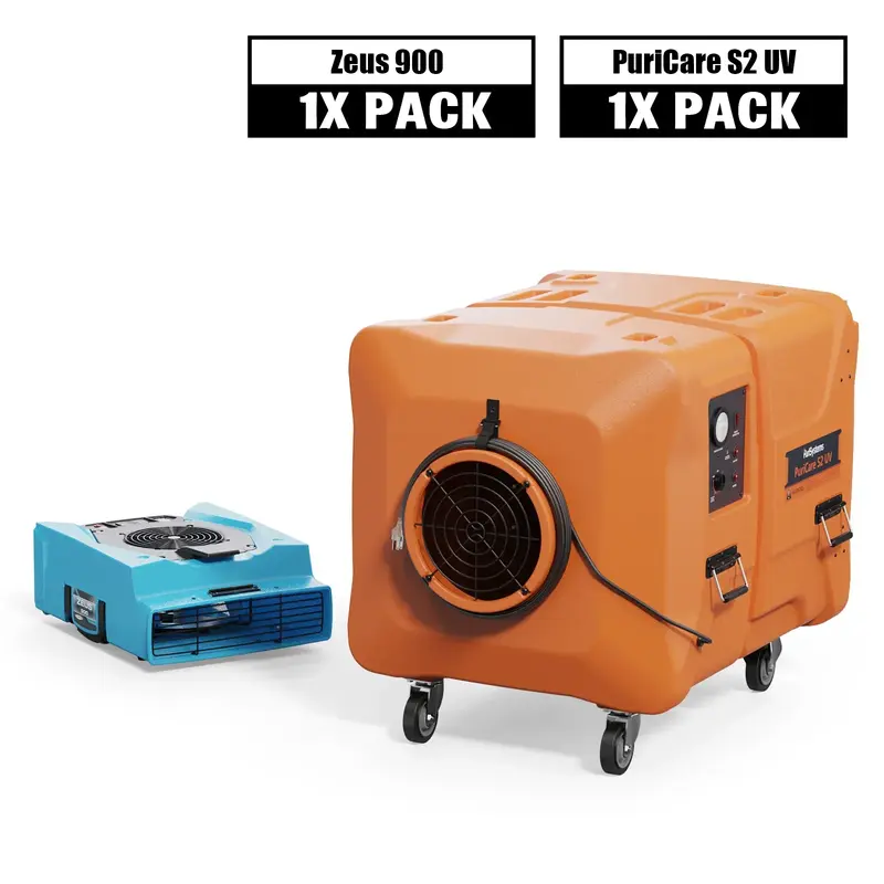 Alorair Sanitization & Disinfection Combo Pack, 1 X Zeus 900 Air Mover, 1 X PuriCare S2 UV Air Scrubber - Blue