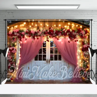 Wooden House And Pink Curtain Light Floral Backdrop - Aperturee