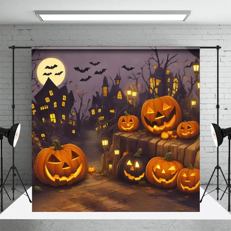 Pumpkin Bat Moon Village Happy Halloween Night Backdrop