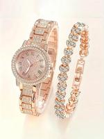Women's Elegant Rhinestone Decorated Quartz Watch & Bracelet, Exquisite Trendy Wristwatch & Bracelet, Fashionable Watch Set A...