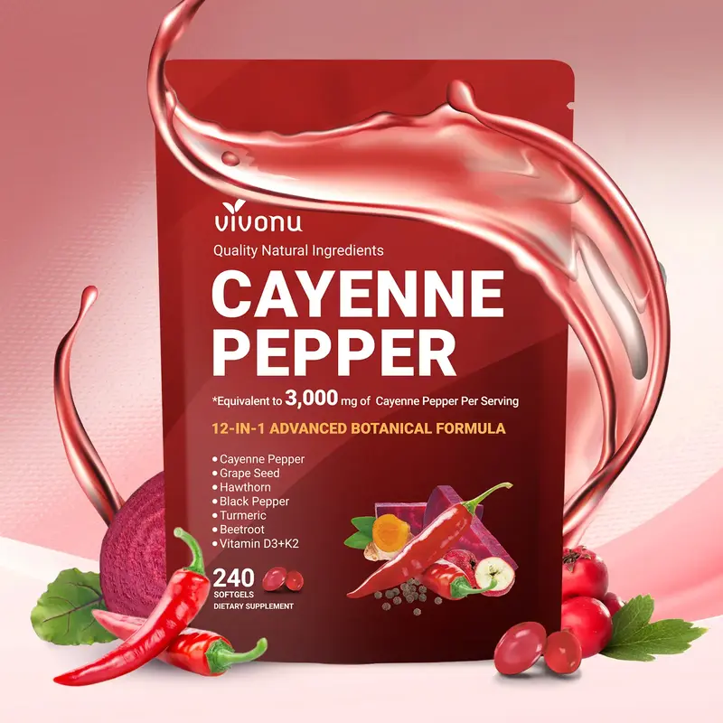 Vivonu Cayenne Pepper Softgels Supplement 240 Count with Vitamin E D3 K2 & Extracts of Grape Seed Hawthorn Beetroot for Leg V...