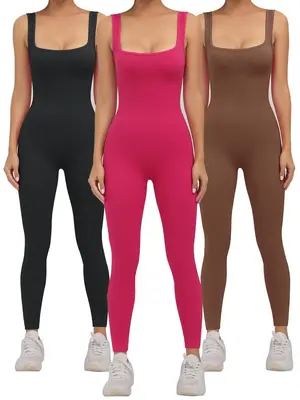 Women's Plain Square Neck Sports Jumpsuit, Sporty Casual Sleeveless Jumpsuit, Summer Outfits 2024, Ladies Sportswear for Yoga...