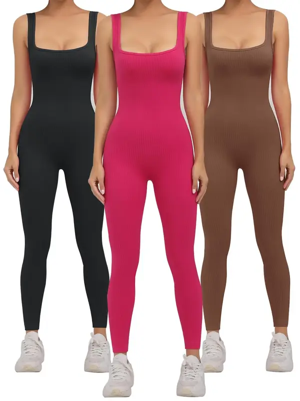 Women's Plain Square Neck Sports Jumpsuit, Sporty Casual Sleeveless Jumpsuit, Summer Outfits 2024, Ladies Sportswear for Yoga...