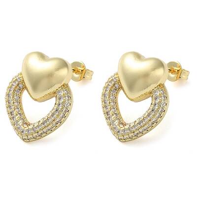 Heart Brass Micro Pave Clear Cubic Zirconia Stud Earrings