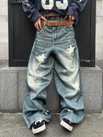 Men's Star Patched Denim Effect Pocket Wide Leg Jeans, 2024 New Style Loose Street Fashion Casual Denim Effect Print Pants fo...