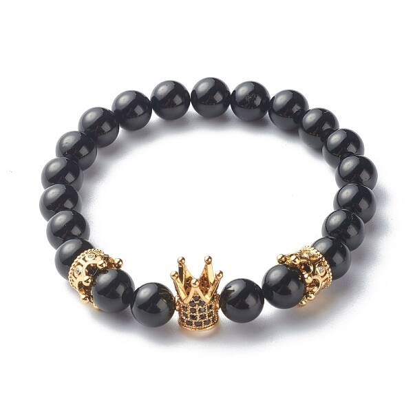 Natural Black Stone Round Beads Stretch Bracelets
