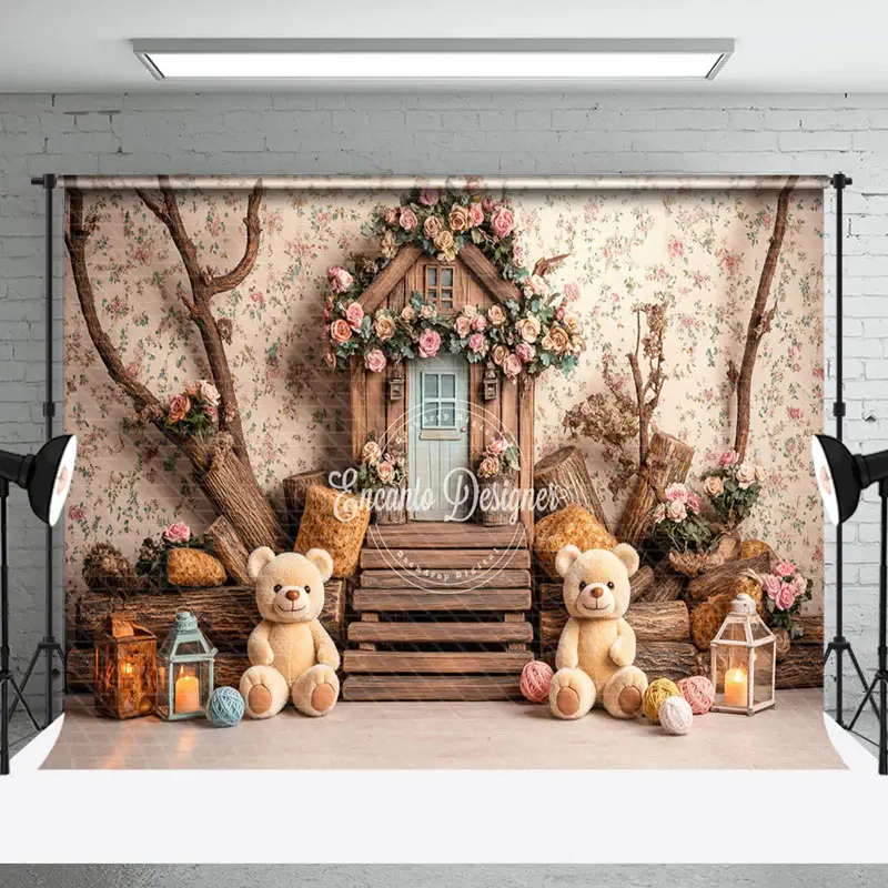 Aperturee Spring Floral Bear Wood House Cake Smash Backdrop | Professional Photography Backdrop | Photoshoot Background | Pho...
