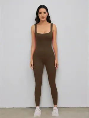 Women's Backless Ribbed Skinny Sports Jumpsuit, Sports Scoop Neck One Piece Tank Jumpsuit, New Trendy Ladies Sportswear Cloth...