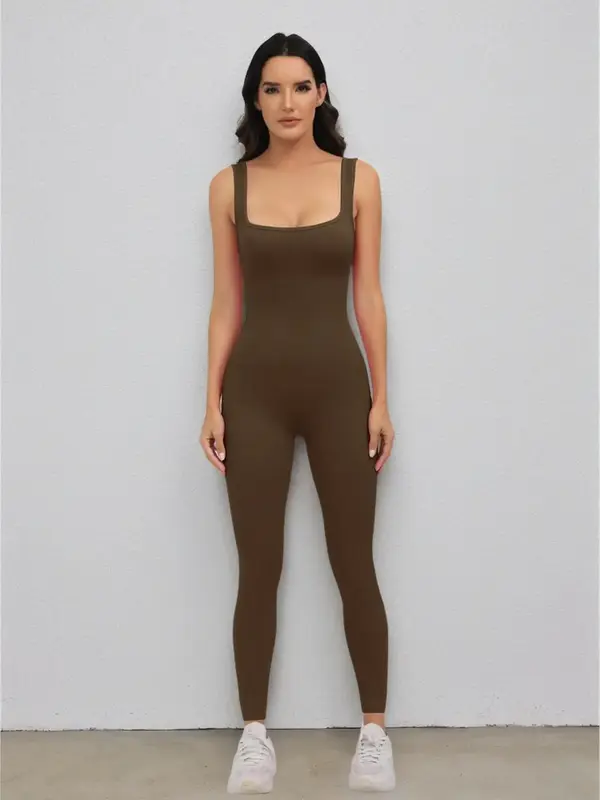 Women's Backless Ribbed Skinny Sports Jumpsuit, Sports Scoop Neck One Piece Tank Jumpsuit, New Trendy Ladies Sportswear Cloth...