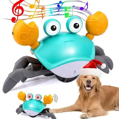 Crawling Crab Interactive Dog Toy withCharging Cable, Left-Right Move Crab Dog Toywith Obstacle Avoidance, Blue and Yellow Do...