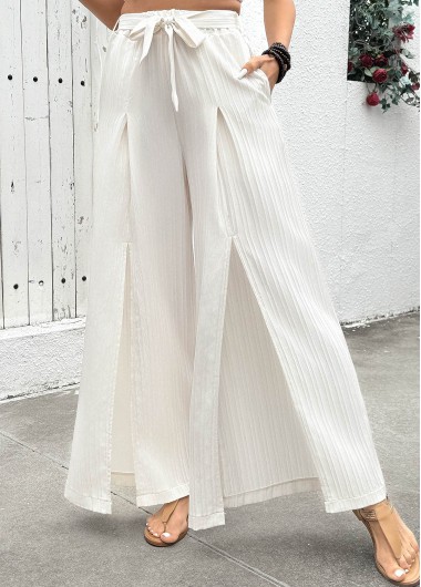 Modlily Raw White Flowy Wide Leg Elastic Waist Pants - L