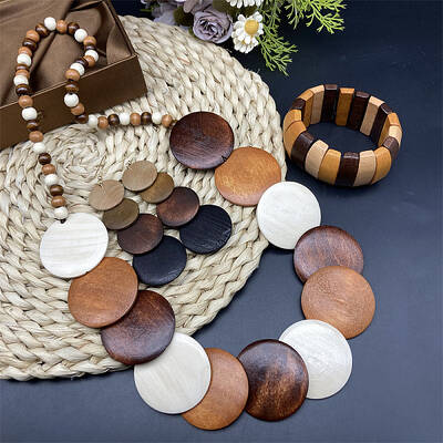 Bohemian Vintage Style Wooden Flat Round Beaded Necklaces & Dangle Earrings & Beadeed Bracelets Sets for Women
