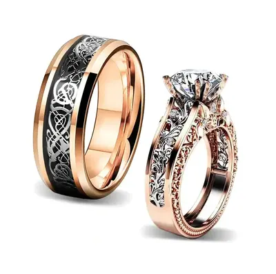 10K Rose Gold 0.57 CT.T.W. Round Lab Created Diamond Tungsten Carbide Couple Rings D VVS1-VS1 3EX IGI Certified