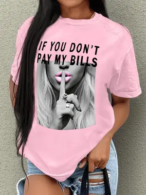 Women's Figure & Letter Print Short Sleeve Tee, Casual Round Neck Graphic T-Shirt, Graphic Tees, Ladies Clothes for Daily W...