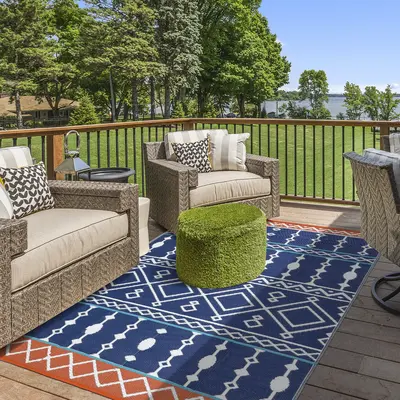 Garvee Outdoor Blue 9x12 Rug Waterproof Reversible Durable Plastic Straw Heat-Treated Edges Blue & Red Patio Camping Picnic