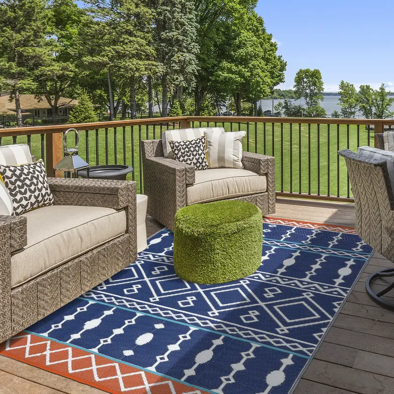 Garvee Outdoor Blue 9x12 Rug Waterproof Reversible Durable Plastic Straw Heat-Treated Edges Blue & Red Patio Camping Picnic