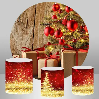 Aperturee Wooden Red And Glitter Circle Christmas Theme Backdrop | Christmas Photo Booth Backdrop | Winter Wonderland Backdro...