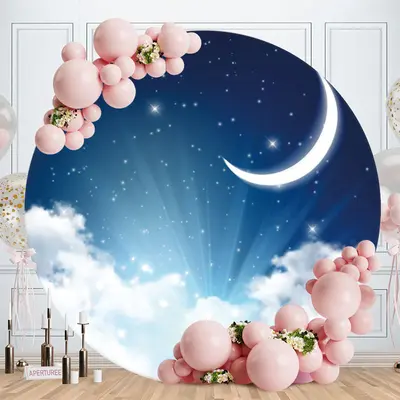 Aperturee Moon And Cloud Star Light Round Baby Shower Backdrop | Birthday Backdrop Ideas | Custom Round Backdrop | Birthday R...