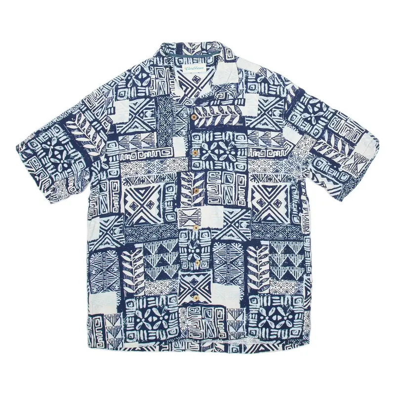 CARIBBEAN Mens Hawaiian Shirt Blue Silk Crazy Pattern M