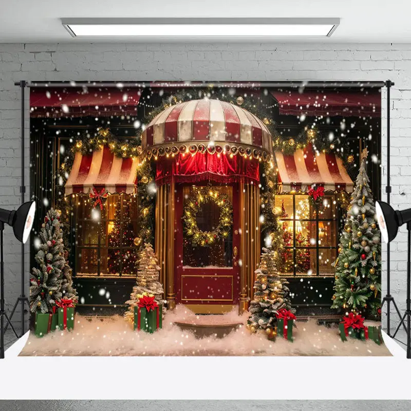 Store Door Gifts Snow Scene Trees Christmas Backdrop