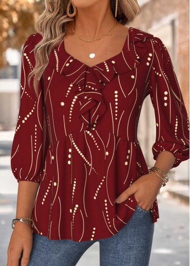 Modlily Red Geometric Print 3/4 Sleeve Heart Collar Blouse - XXL