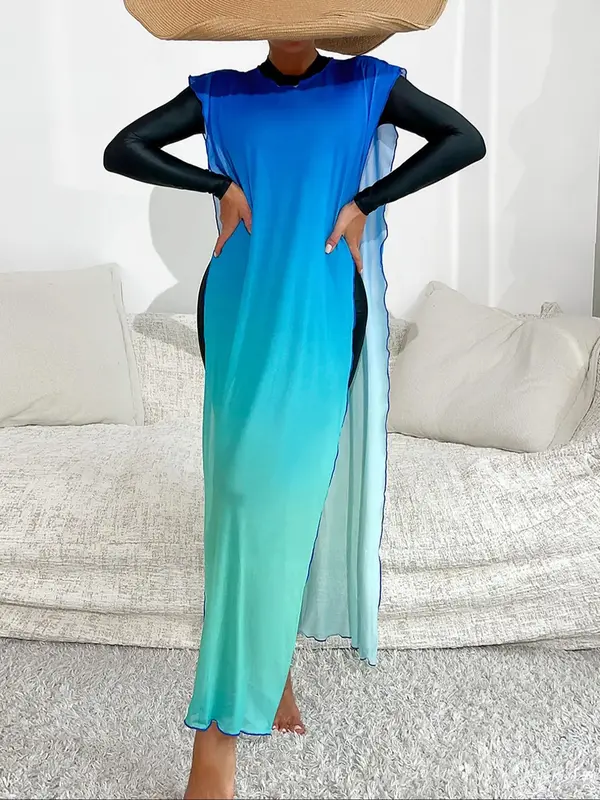 Women's Swimsuit Set, Casual Long Sleeve One-piece Swimsuit & Cover Up Dress Set, Modest Muslim Swimwear for Beach Holiday Va...