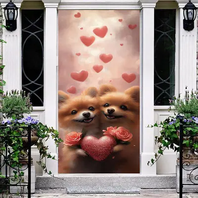 Aperturee Pink Romantic Hearts Dogs Valentines Day Door Cover, 30x80 Inch, 28.48 USD, valentines day door covers, DMMZ1Y11-A