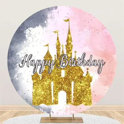 Aperturee Gold Castle Pink And Grey Round Birthday Backdrop | Circle Backdrops For Birthday | Round Birthday Backdrop Cover |...
