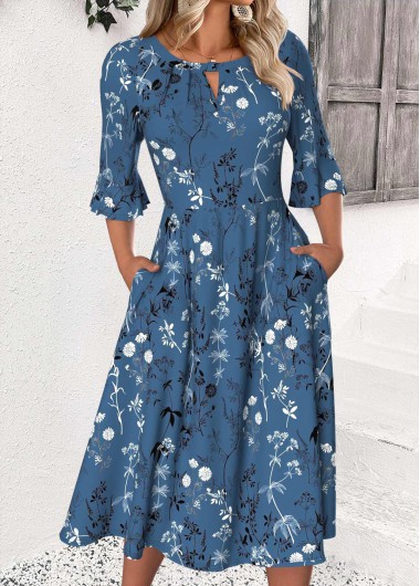 Modlily Peacock Blue Floral Print 3/4 Sleeve Round Neck Dress - XL