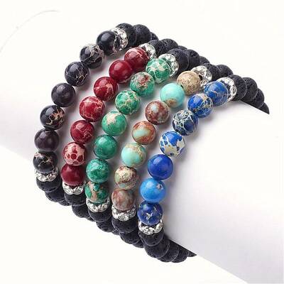 Natural Imperial Jasper(Dyed) & Lava Rock Stretch Bracelets