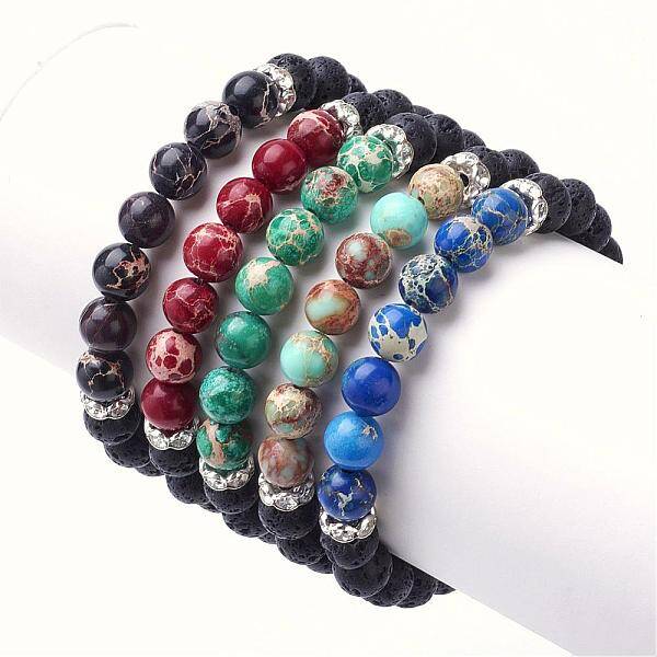 Natural Imperial Jasper(Dyed) & Lava Rock Stretch Bracelets
