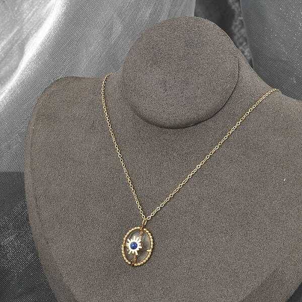 304 Stainless Steel Pave Natural Lapis Lazuli Oval with Star Pendant Necklaces for Women