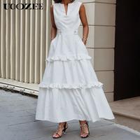 A-Line High Waisted Buttoned Pleated Pockets Solid Color Split-Joint V-Neck Maxi Dresses Summer White