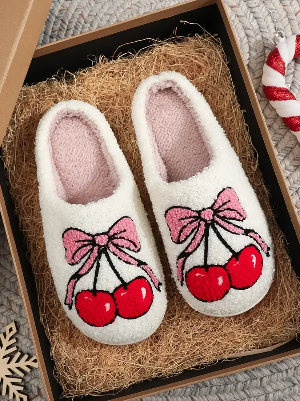 Women's Cute Bow & Cherry Pattern Plush Slippers, Casual Soft Comfortable Home Slippers, Warm Slippers for Indoor & Outdoor U...