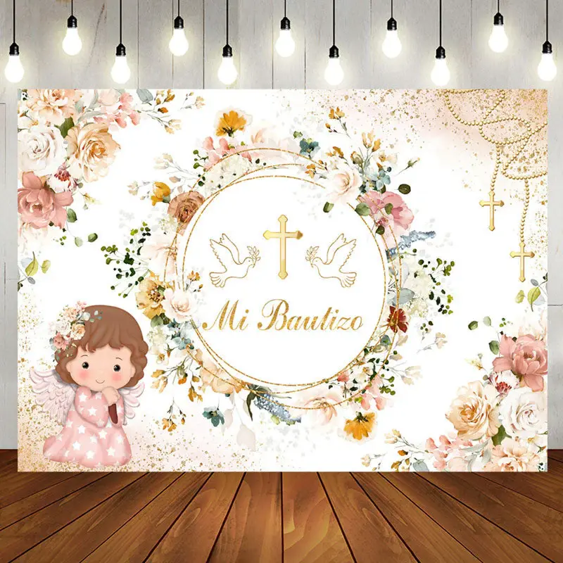 Mi Bautizo Circle Flowers Girl Baptism Backdrop - Aperturee